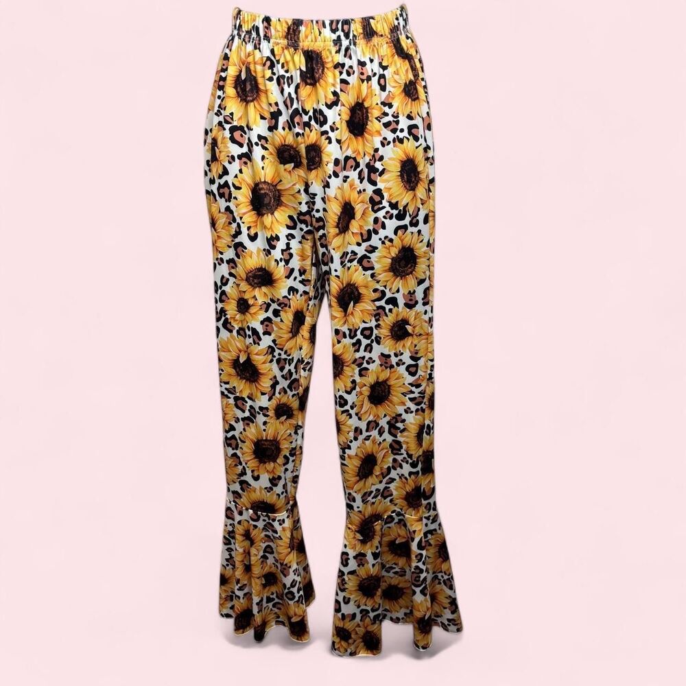 160 (Girls ~Size 14 / Women's XS-S) Sunflower Leopard Print Bell Bottom Pants